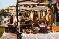 Tibetan bowls. Vintage stuff. Flea market. Golden dishes. Royalty Free Stock Photo