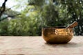 Tibetan bronze bowl on nature background