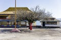 Tibetan Buddhism Temple and trees with swaddled red fabrc in Sikkim, India Royalty Free Stock Photo