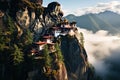 Tibetan Buddhist Monastery on the top of a cliff in the morning, AI Generated