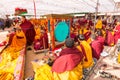 Tibetan Buddhist monks near stupa Boudhanath during festive Puja