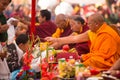 Tibetan Buddhist monks near stupa Boudhanath during festive Puja