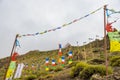 Tibetan Buddhist Prayer Flags on a Green Mountain Hilltop in Kagbeni of Upper Mustang, Nepal Royalty Free Stock Photo