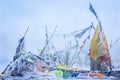 Tibetan Buddhist prayer flags on snow mountain pass Royalty Free Stock Photo