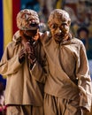 Tibetan Buddhist ritual fool dancers at the Tiji festival in Nepal, in a vertical shot
