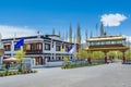 Tibetan buildings of CHAMBA Hotel and Restaurant in front of Thiksey Monastery or Thiksey Gompa, A famous Tibetan temple in Ladakh