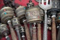 Tibetan Hand prayer wheels with wooden handles assorted styles Royalty Free Stock Photo