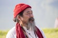 Tibetan Lama conducts classes with sunsurfers people on meditation and yoga. Pokhara, Nepal Royalty Free Stock Photo