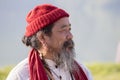 Tibetan Lama conducts classes with sunsurfers people on meditation and yoga. Pokhara, Nepal