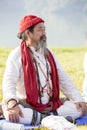 Tibetan Lama conducts classes with sunsurfers people on meditation and yoga. Pokhara, Nepal Royalty Free Stock Photo