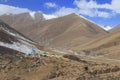 Tibetan landscape in China with prayer flags on foreground and mountains and yaks on background Royalty Free Stock Photo