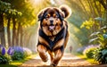 A lively and adorable Tibetan Mastiff dog is happily running in the garden!