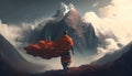 Tibetan monk in red robe walking on path among mountains rear view, beautiful nature landscape