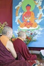 Tibetan Monks with painting of Buddha Amitabha at Amitabha Empowerment Buddhist Ceremony, Meditation Mount in Ojai, CA
