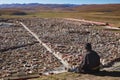 A Tibetan monks sitting on the hill at sunlight in Yarchen Gar.