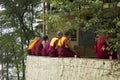 Tibetan monks are sitting under trees