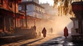 Tibetan monks are walking in high mountain