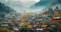 Tibetan mountain village view with houses stays very close to each other and morning mist