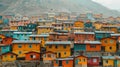 Tibetan mountain village view with houses stays very close to each other and morning mist