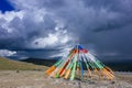 Tibetan prayer flags against mountains and landscape of Qinghai, Royalty Free Stock Photo