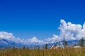 Tibetan prayer flags against mountains and landscape of Qinghai, Royalty Free Stock Photo