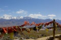 Tibetan prayer flags at Spectacular mountain scenery Himalaya Range background , Leh-Ladakh, Jammu & Kashmir, Northern India