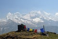 Tibetan prayer flags with Trishul peak during roopkund himalayan trek