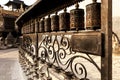 Tibetan prayer wheels made from metal at Swayambhunath Temple - Monkey Temple, Kathmandu, Nepal Royalty Free Stock Photo