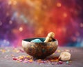 Tibetan singing bowl with healing stones on a colorful background. Royalty Free Stock Photo