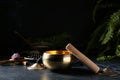 Tibetan singing bowl with karatalas on dark background Royalty Free Stock Photo