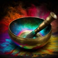 Tibetan singing bowl over colorful aura background, healing sound therapy