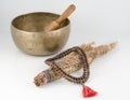 Tibetan Singing Bowl, Prayer Beads, Smudge Stick Royalty Free Stock Photo