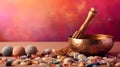 Tibetan singing bowl with tumbled healing stones on gradient colorful background - Banner design with copy space Royalty Free Stock Photo