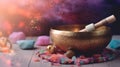 Tibetan singing bowl surrounded by tumbled healing stones over colorful gradient smoke effect background, healing sound therapy Royalty Free Stock Photo