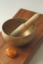 Tibetan singing bowl. Treatment with sound. Alternative medicine