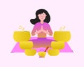 Tibetan singing bowls and beautiful woman sitting in yoga pose in the middle of them concept