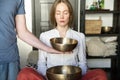 Tibetan singing bowls in sound therapy in spa center