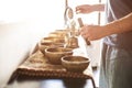 Tibetan singing bowls in sound therapy in spa center