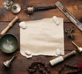 Tibetan singing copper bowl with a wooden clapper , objects for meditation and alternative medicine, top view. Plunging into a Royalty Free Stock Photo