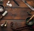 Tibetan singing copper bowl with a wooden clapper , objects for meditation and alternative medicine, top view. Plunging into a tra Royalty Free Stock Photo