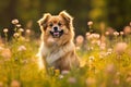 Tibetan spaniel dog sitting in meadow field surrounded by vibrant wildflowers and grass on sunny day ai generated