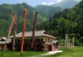 Tibetan-style buildings and prayer flags in Juizhaigou Nine Villages Valley, Sichuan, China Royalty Free Stock Photo