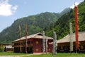 Tibetan-style buildings and prayer flags in Juizhaigou Nine Villages Valley, Sichuan, China Royalty Free Stock Photo