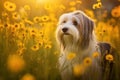 Tibetan terrier dog sitting in meadow field surrounded by vibrant wildflowers and grass on sunny day ai generated