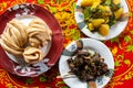 Tibetan Tim Momo with Potato Curry and Yak Jerky Sukuti, food of Upper Mustang, Nepal Royalty Free Stock Photo