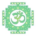 Tibetian openwork mandala, elegant circular ornament with the Om / Aum / Ohm sign in the middle on a green background.