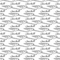 Tibia Fusus. Seamless pattern of seashells and calligraphy. Black and white hand-drawn collection. Vector illustration.