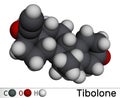 Tibolone molecule. It is anabolic steroid hormone drug, synthetic estrogen, used for treatment of symptoms of menopause,