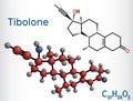 Tibolone molecule. It is anabolic steroid hormone drug, synthetic estrogen, used for treatment of symptoms of menopause,