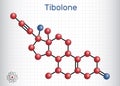 Tibolone molecule. It is anabolic steroid hormone drug, synthetic estrogen, used for treatment of symptoms of menopause,